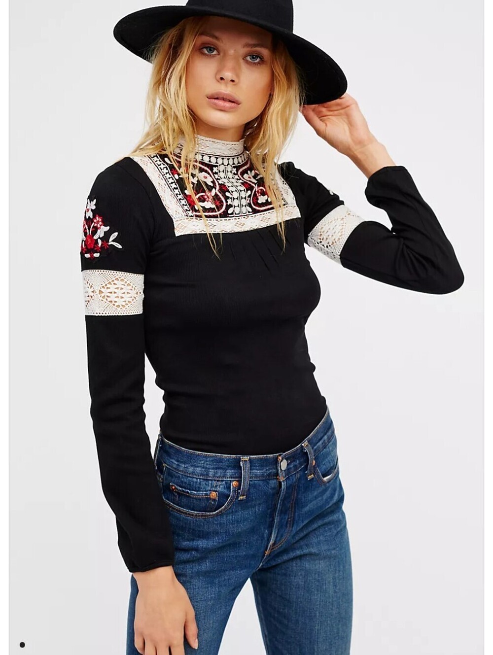 Free People Cozy On Up Embroidered Top Black Combo Boho Folk Western XS/S